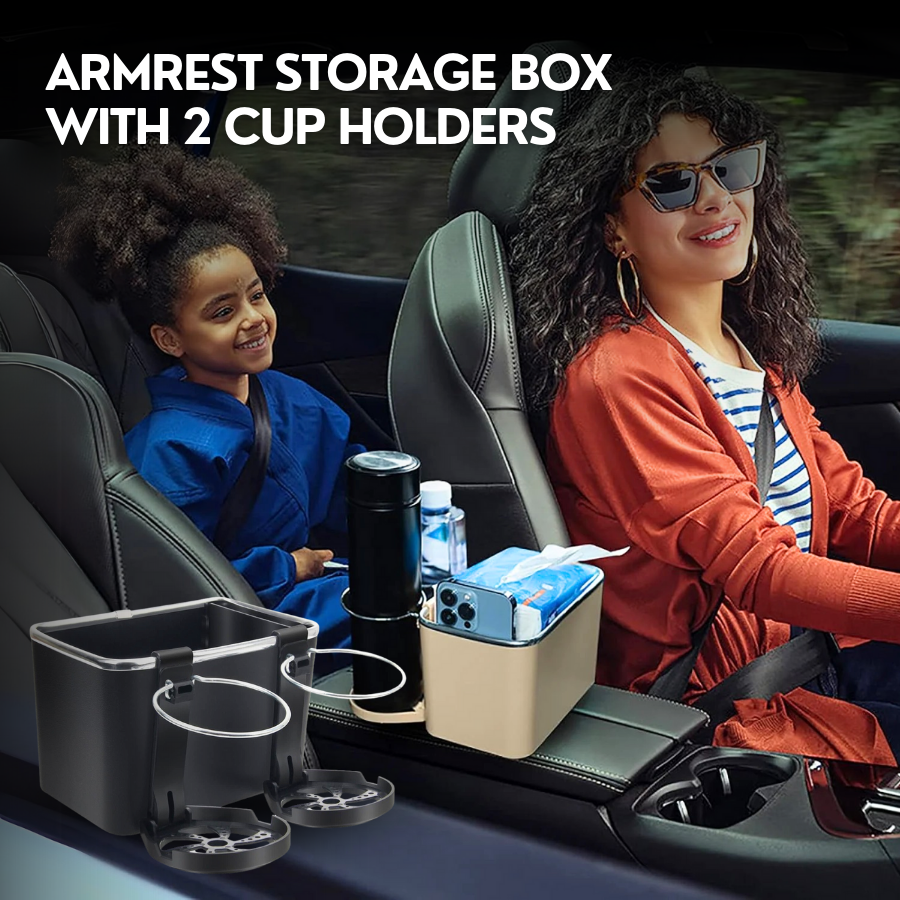 Armrest Storage Box with 2 Cup Holders